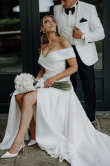 White Wedding Dress A Line Off The Shoulder Split Front Lace Up Bridal Gown Panel Train