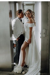 White Wedding Dress A Line Off The Shoulder Split Front Lace Up Bridal Gown Panel Train