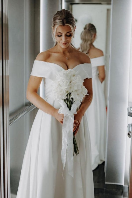 White Wedding Dress A Line Off The Shoulder Split Front Lace Up Bridal Gown Panel Train
