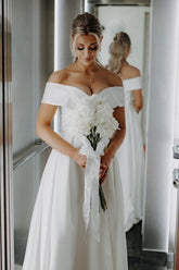 White Wedding Dress A Line Off The Shoulder Split Front Lace Up Bridal Gown Panel Train