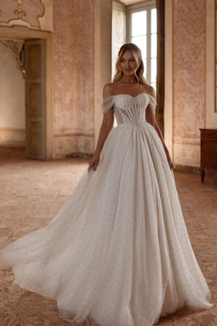 White Wedding Dress A Line Off The Shoulder Tulle Long Sleeve Bridal Gown