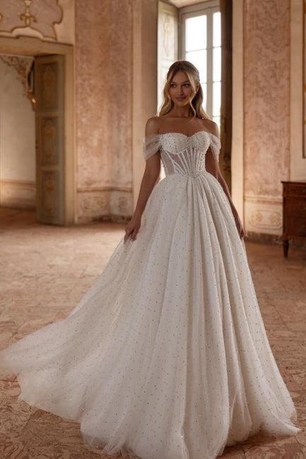 White Wedding Dress A Line Off The Shoulder Tulle Long Sleeve Bridal Gown