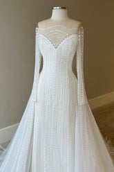 White Wedding Dress A Line Sleeves Beaded Lace Capel Train Bridal Gown