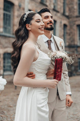 White Wedding Dress A Line Spaghetti Strap Ruffle Sweep Train Satin Bridal Gown With Slit