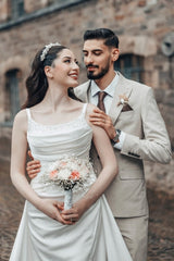 White Wedding Dress A Line Spaghetti Strap Ruffle Sweep Train Satin Bridal Gown With Slit