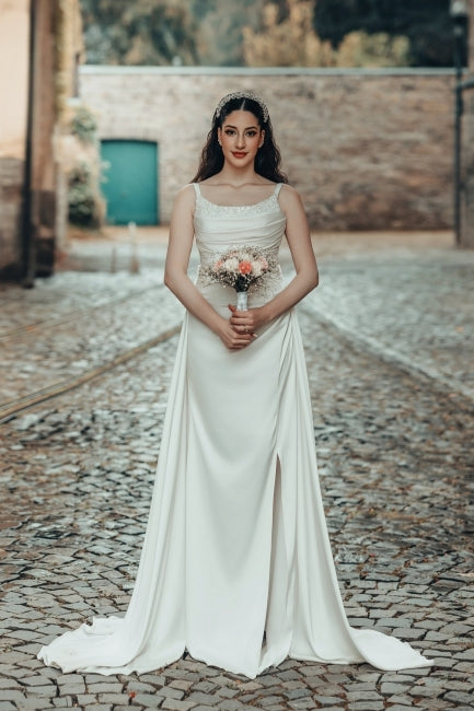 White Wedding Dress A Line Spaghetti Strap Ruffle Sweep Train Satin Bridal Gown With Slit