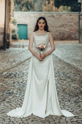 White Wedding Dress A Line Spaghetti Strap Ruffle Sweep Train Satin Bridal Gown With Slit