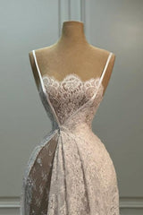 White Wedding Dress A Line Spaghetti Strap Sleeveless Sweep Train Lace Bridal Gown