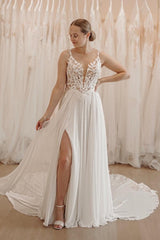 White Wedding Dress A Line Spaghetti Strap V Neck Sleeveless Long Chiffon Split Front Bridal Gown With Appliques