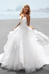 White Wedding Dress A Line Spaghetti Straps Lace Tulle Bridal Dress