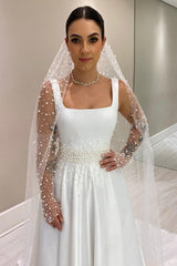 White Wedding Dress A Line Spaghetti Straps Sleeveless Beaded Chapel Train Satin Bridal Gown With Pearls