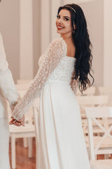White Wedding Dress A Line Square Beaded Long Sleeves Ruffles Panel Train Satin Bridal Gown
