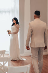 White Wedding Dress A Line Square Beaded Long Sleeves Ruffles Panel Train Satin Bridal Gown