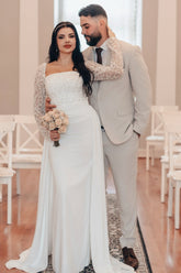 White Wedding Dress A Line Square Beaded Long Sleeves Ruffles Panel Train Satin Bridal Gown