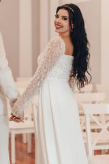White Wedding Dress A Line Square Beaded Sleeves Ruffles Panel Train Satin Bridal Gown
