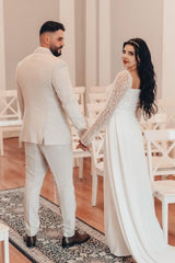 White Wedding Dress A Line Square Beaded Sleeves Ruffles Panel Train Satin Bridal Gown