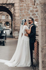 White Wedding Dress A Line Square Neck Tulle Lace Bridal Gown With Short Sleeves