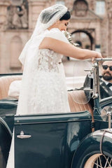 White Wedding Dress A Line Square Neck Tulle Lace Bridal Gown With Short Sleeves