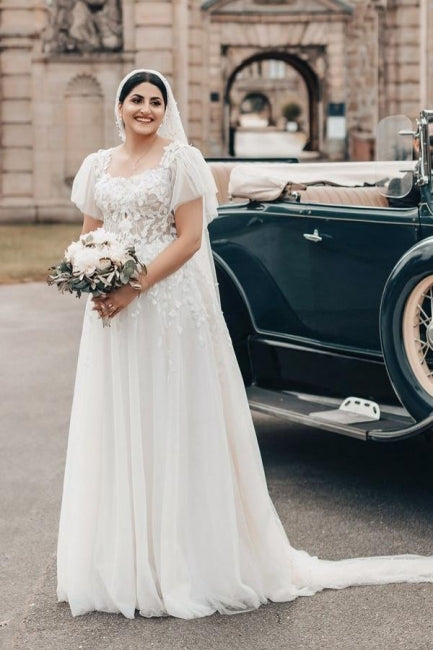 White Wedding Dress A Line Square Neck Tulle Lace Bridal Gown With Short Sleeves