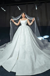 White Wedding Dress A Line Square Spaghetti Strap Sequined Ball Gown Satin Bridal Gown With Ruffles