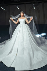 White Wedding Dress A Line Square Spaghetti Strap Sequined Ball Gown Satin Bridal Gown With Ruffles
