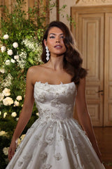 White Wedding Dress A Line Strapless Beaded Ball Gown Sleeveless Cathedral Train Satin Bridal Gown With 3D Flowers