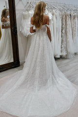 White Wedding Dress A Line Strapless Off The Shoulder Sleeveless Beaded Chapel Train Tulle Bridal Gown With Pearls