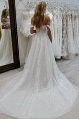 White Wedding Dress A Line Strapless Off The Shoulder Sleeveless Beaded Tulle Bridal Gown With Pearls