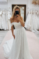 White Wedding Dress A Line Strapless Off The Shoulder Sleeveless Beaded Tulle Bridal Gown With Pearls