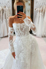 White Wedding Dress A Line Strapless Sleeveless Cathedral Train Lace Bridal Gown With Appliques
