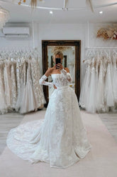 White Wedding Dress A Line Strapless Sleeveless Cathedral Train Lace Bridal Gown With Appliques