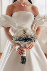 White Wedding Dress A Line Strapless Sleeveless Sweep Train Satin Bridal Gown