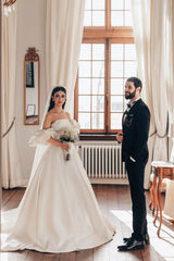 White Wedding Dress A Line Strapless Sleeveless Sweep Train Satin Bridal Gown