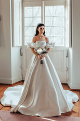 White Wedding Dress A Line Strapless Sleeveless Sweep Train Satin Bridal Gown