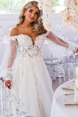 White Wedding Dress A Line Sweetheart Off The Shoulder Lace Court Train Tulle Bridal Gown With Appliques