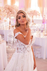 White Wedding Dress A Line Sweetheart Off The Shoulder Lace Tulle Bridal Gown With Appliques