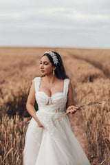 White Wedding Dress A Line Tulle Sleeveless Bridal Gown With Lace
