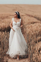 White Wedding Dress A Line Tulle Sleeveless Bridal Gown With Lace