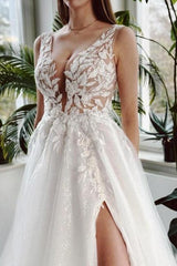 White Wedding Dress A Line V Neck Lace Glitter Backless Bridal Gown With Slit