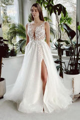 White Wedding Dress A Line V Neck Lace Glitter Backless Bridal Gown With Slit