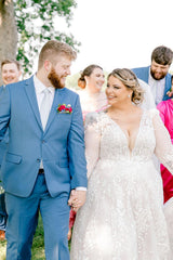 White Wedding Dress A Line V Neck Long Sleeves Lace Chapel Train Bridal Gown With Appliques