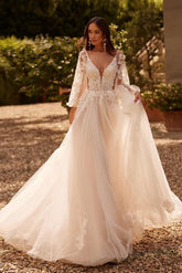 White Wedding Dress A Line V Neck Long Sleeves Sweep Train Tulle Bridal Gown With Appliques
