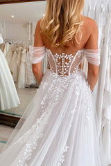 White Wedding Dress A Line V Neck Off The Shoulder Sleeveless Sweep Train Tulle Bridal Gown With Appliques