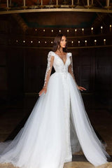White Wedding Dress A Line V Neck Sleeves Backless Ball Gown Lace Tulle Bridal Gown With Slit