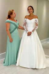 White Wedding Dress Ball Gown Off The Shoulder Lace Long Sleeves Chapel Train Satin Bridal Gown