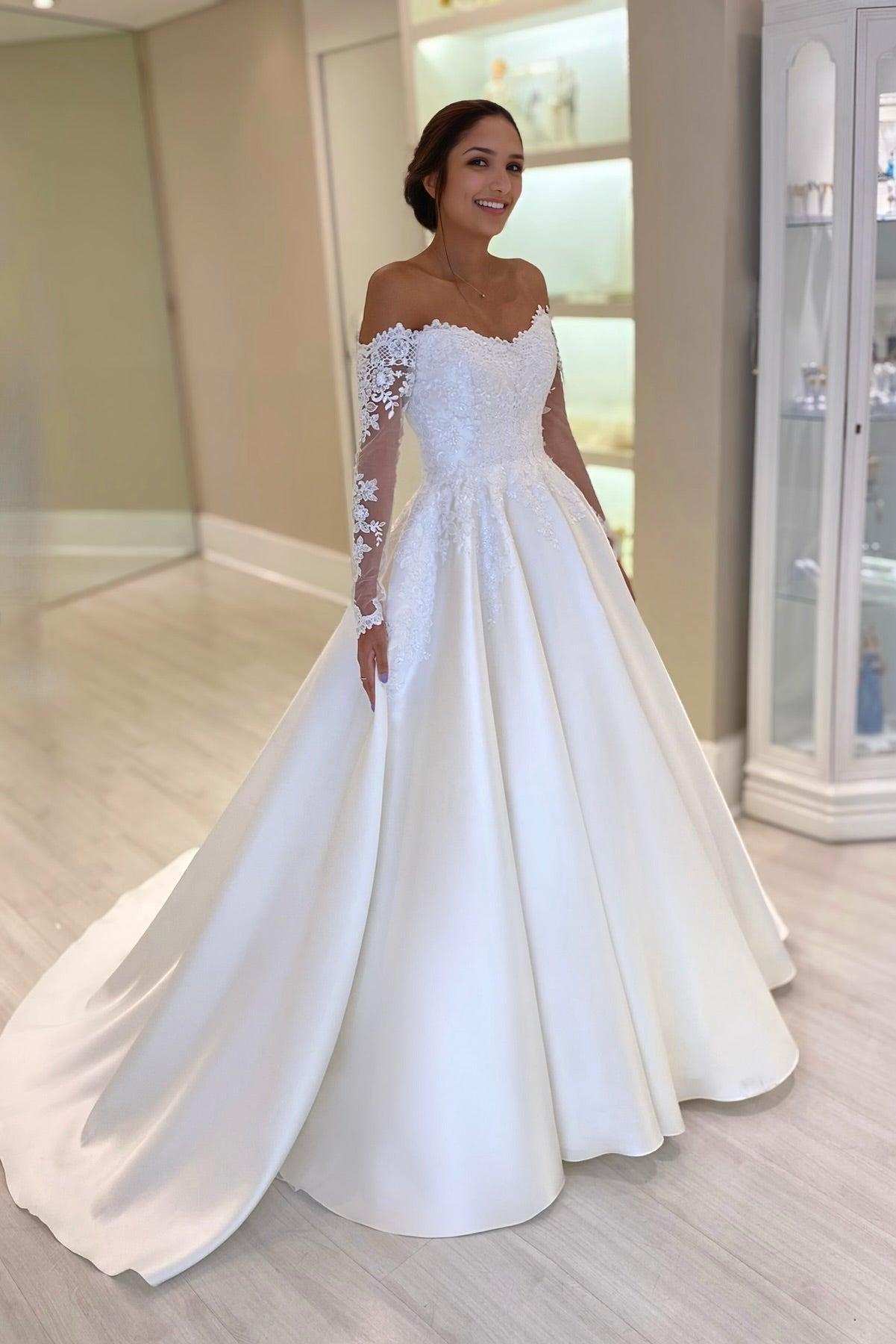 White Wedding Dress Ball Gown Off The Shoulder Lace Sleeves Chapel Train Satin Bridal Gown