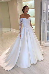 White Wedding Dress Ball Gown Off The Shoulder Lace Sleeves Chapel Train Satin Bridal Gown
