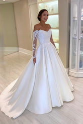 White Wedding Dress Ball Gown Off The Shoulder Lace Sleeves Chapel Train Satin Bridal Gown