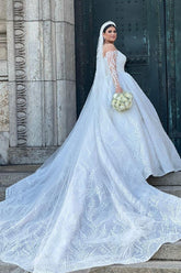 White Wedding Dress Ball Gown Off The Shoulder Sleeves Beaded Lace Cathedral Train Bridal Gown
