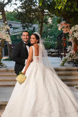 White Wedding Dress Ball Gown Spaghetti Straps Sleeveless Beaded Lace Sweep Train Satin Bridal Gown